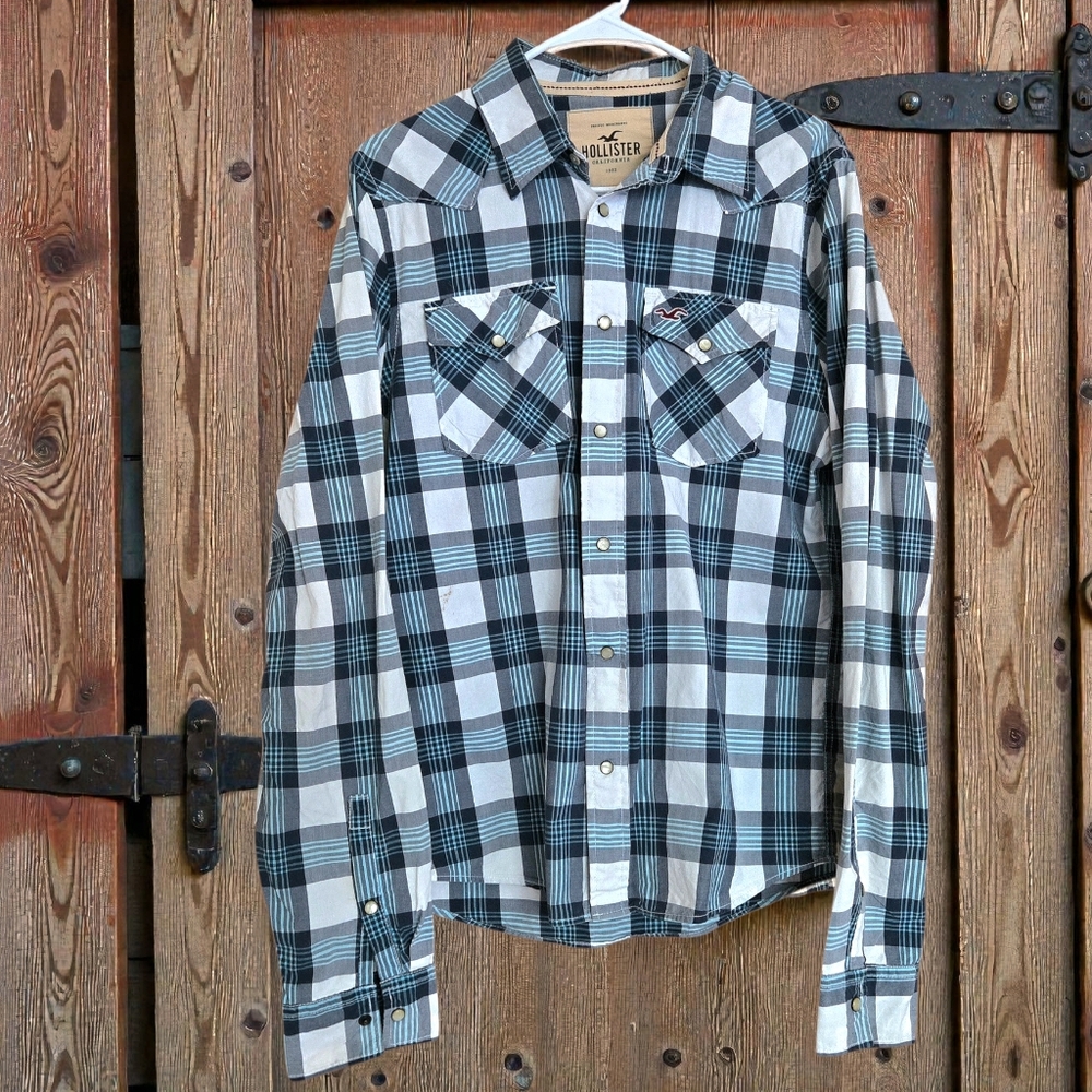 Hollister Western Plaid Shirt Blue Gray Pearl Snaps Lightweight Cotton Cowboy /L